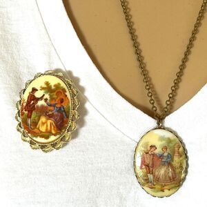 Vintage Gerry's Brooch Necklace Set Fragonard Love Story Courting Couple Rococo